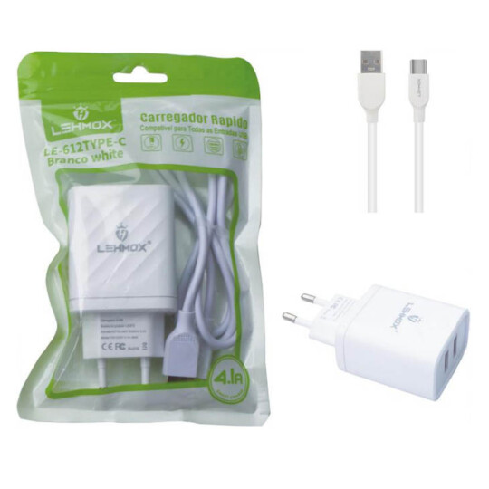 Kit Carregador 2 Usb 4.1A + Cabo Tipo C - LE-612 TYPE C