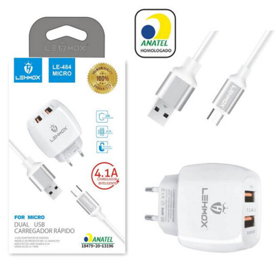 Carregador de Celular 4.1A 2 Portas Usb com Cabo V8 Selo Anatel Lehmox - LE-484 MICRO