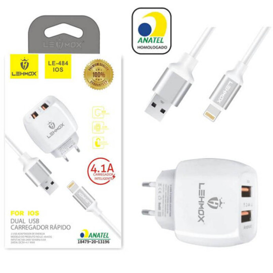 Carregador de Celular 4.1A 2 Portas Usb com Cabo Ios Lightning Selo Anatel Lehmox - LE-484 IOS