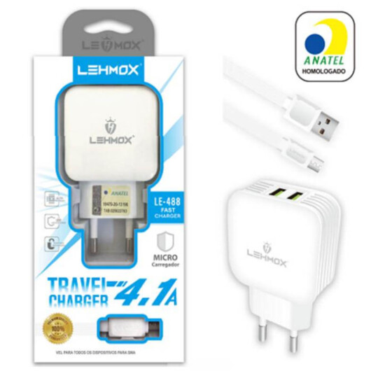 Carregador de Celular 4.1A 2 Portas Usb com Cabo V8 Selo Anatel Lehmox - LE-488