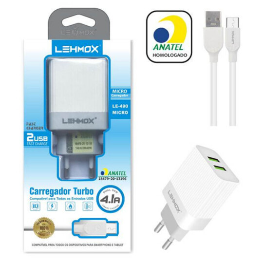 Carregador de Celular 4.1A com 2 Portas Usb e Cabo V8 Selo Anatel Lehmox - LE-490