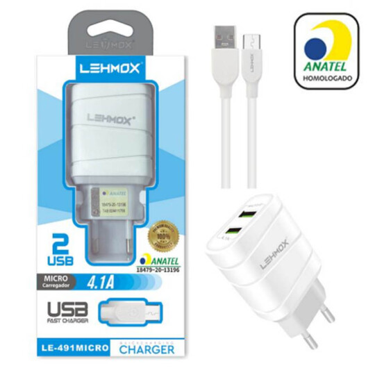 Carregador de Celular 4.1A com 2 Portas Usb e Cabo V8 Selo Anatel Lehmox - LE-491