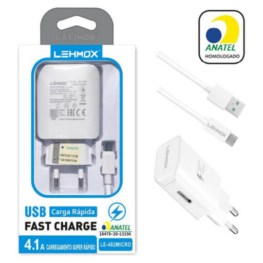 Carregador de Celular 4.1A Usb e Cabo V8 Selo Anatel Lehmox - LE-482