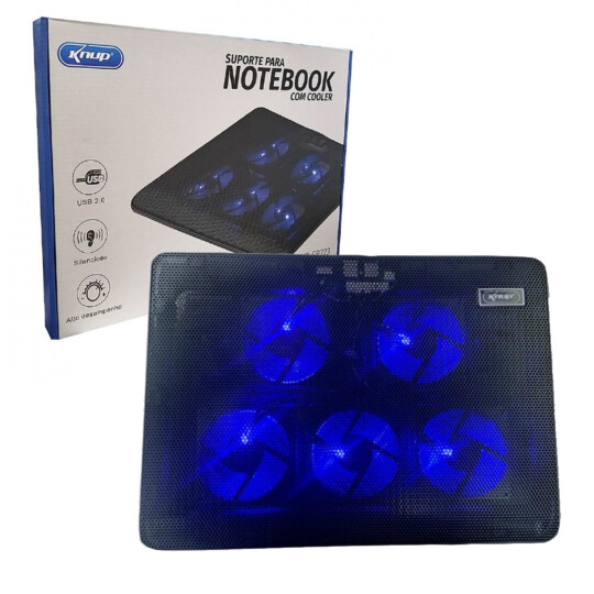 Base para Notebook com 5 Cooler Fan Led Azul Knup - KP-SP223