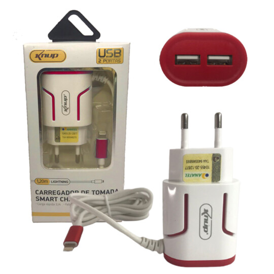 Carregador de Celular 3.1A com 2 Portas Usb e Cabo Ios Lightning Selo Anatel Knup - KP-IC008