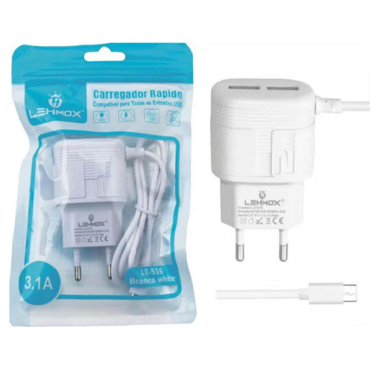 Carregador de Celular 3.1A com 2 Portas USb e Cabo V8 Lehmox - LE-516