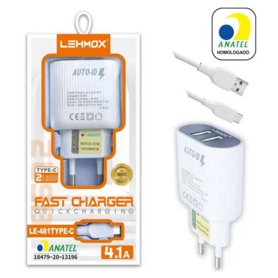 Carregador 4.1A 2 Portas Usb + Cabo Type C com Anatel Lehmox - LE-481 TYPEC