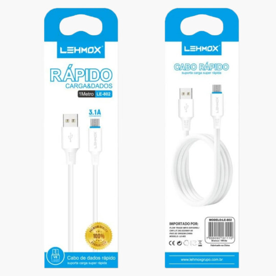 Cabo de Dados Usb V8 Rápido 3.1A 1Metro Lehmox - LE-802