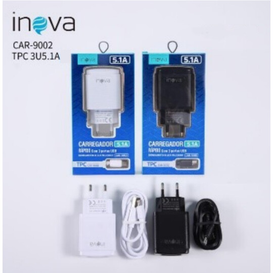 Carregador de Celular 5.1A com 3 portas Usb e Cabo Type C Inova - CAR-9002DD-5.1-TC
