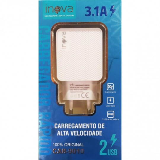 Carregador de Celular 3.1A com 2 Portas Usb Inova - CAR-9010-3.1A