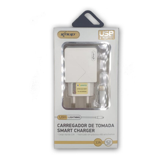 Carregador de Celular 3.1A Smart Anatel 2 Portas Usb e Cabo IOS Lightning Knup - KP-IC010