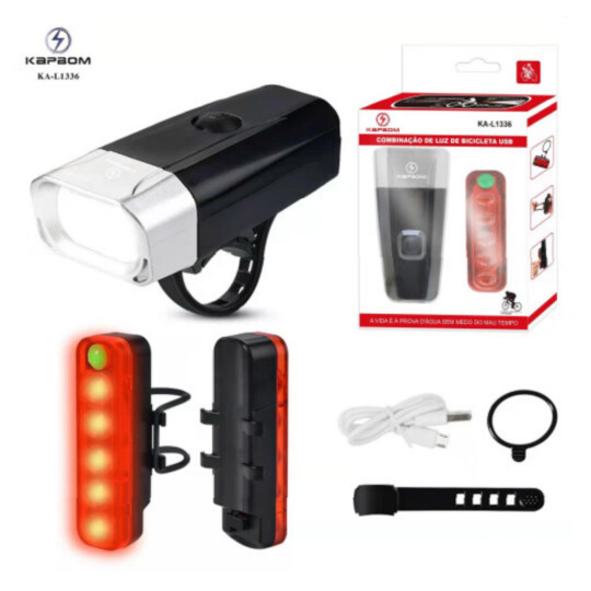 Kit Farol de Bicicleta Recarregável Frontal e Traseira Kapbom - KA-L1336