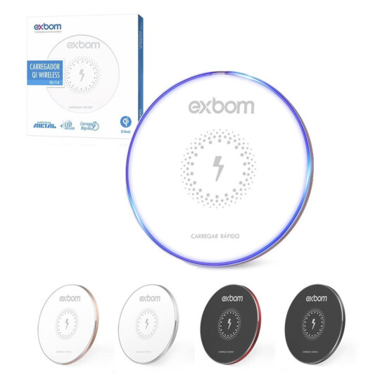 Carregador Rápido QI sem Fio por Indução Magnética com borda de LED Branco Exbom - TQI-F18A BRANCO
