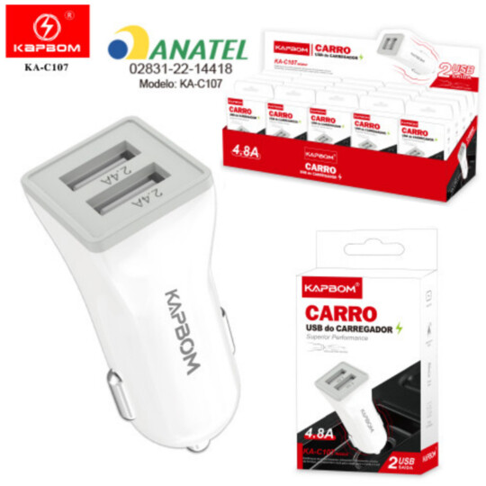 CAIXA FECHADA EXPOSITORA COM 20 UNIDADES Carregador Veicular 4.8A com 2 Portas Usb KAPBOM - KA-C107