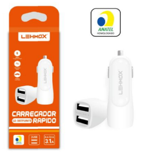 CAIXA FECHADA EXPOSITORA 25 UNIDADES Carregador Veicular 2 Portas Usb 3.1A LEHMOX - LE-507