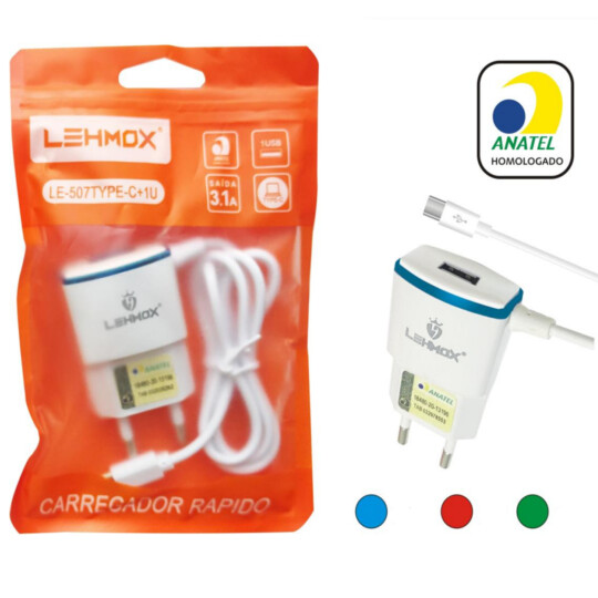 Carregador Universal 3.1A com Cabo Type-C e 1 Entrada USB LEHMOX - LE-507TYPEC+1U