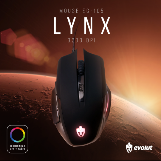 Mouse Gamer Lynx USB com 6 Botões Led 3200 Dpi EVOLUT - EG105