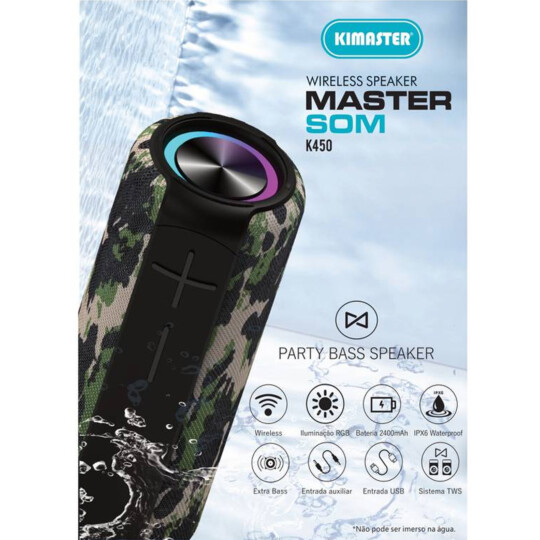 Caixa De Som Bluetooth 10W Resistente à Água IPX6 Camuflada KIMASTER - K450XVD