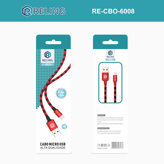 Cabo V8 para Celular 2.4A com 1 Metro RELING - RE-CBO-6008 Reling