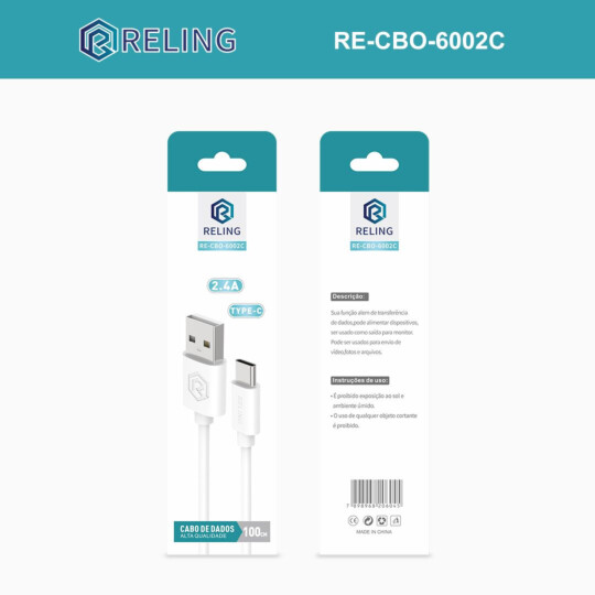 Cabo Type-C para Celular 2.4A com 1 Metro RELING - RE-CBO-6002-C Reling