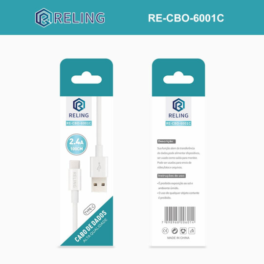Cabo Type-C para Celular 2.4A com 1 Metro RELING - RE-CBO-6001-C Reling