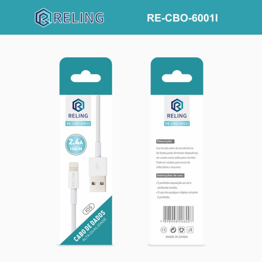Cabo Lightning para IOS 2.4A com 1 Metro RELING - RE-CBO-6001-I Reling