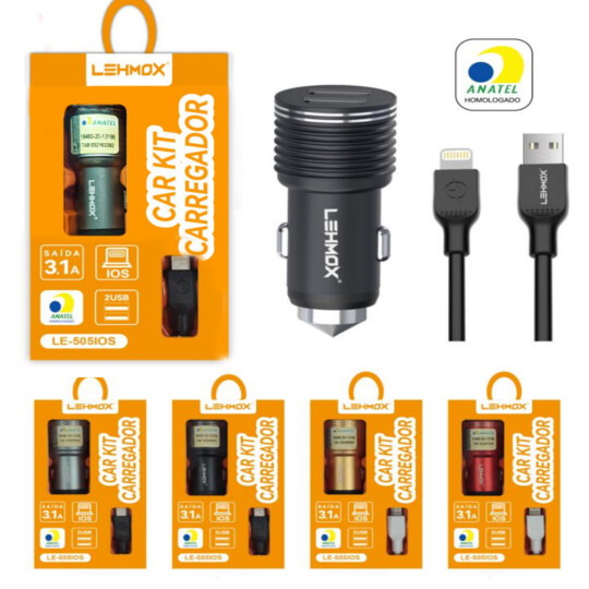Carregador Veicular 3.1A 2 Portas USB e Cabo Lightning LEHMOX - LE-505IOS