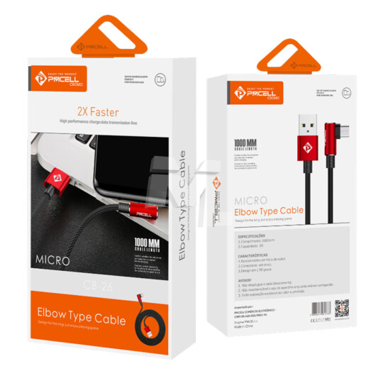 Cabo V8 para Celular 90° Nylon Trançado 1 Metro PMCELL - CB-26 MICRO