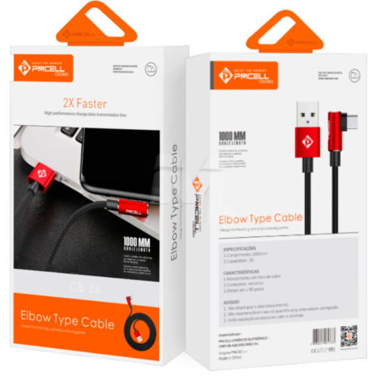 Cabo Type-C para Celular 90° Nylon Trançado 1 Metro PMCELL - CB-26 TYPE