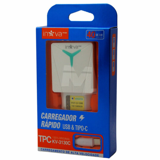 Carregador PD Porta Usb + Type-C QC 3.0 20W com Cabo Type-C INOVA - KV-3130 C