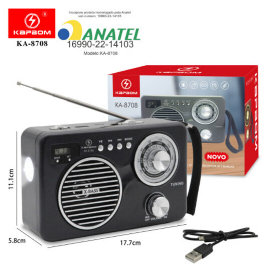 Caixa de Som Bluetooth Retro com Rádio FM/AM e Lanterna KAPBOM - KA-8708