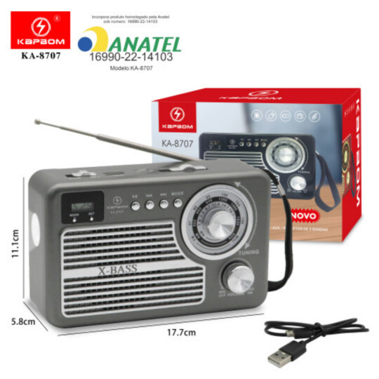 Caixa de Som Bluetooth Retro com Rádio FM/AM e Lanterna KAPBOM - KA-8707