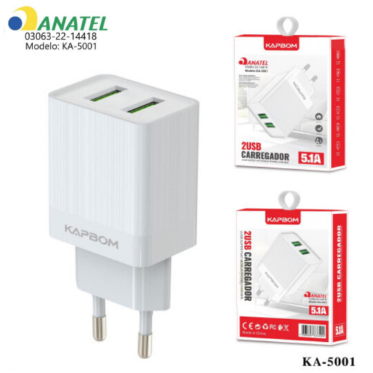 Carregador 5.1A 2 Portas Usb Selo Anatel KAPBOM - KA-5001