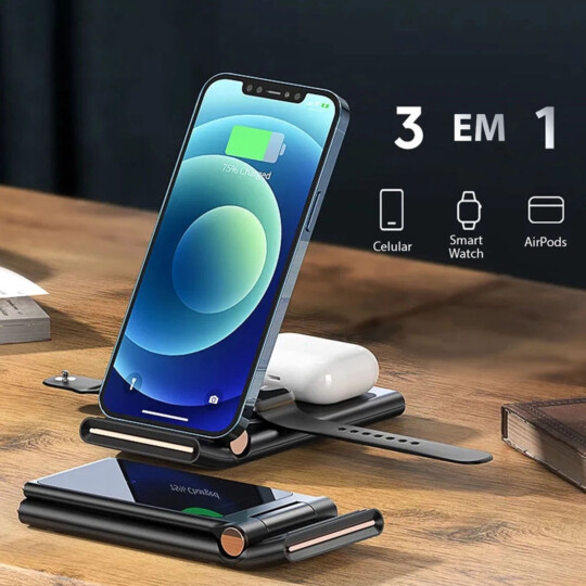 Carregador Estação 3 em 1 QI Indução para Smartphones SmartWatch e Airpods EXBOM - TQI-F63