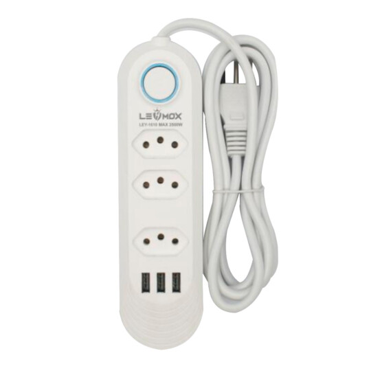 Extensão Filtro de Linha 3 Tomadas 3 Usb com 2 Metros LEHMOX - LEY-1610