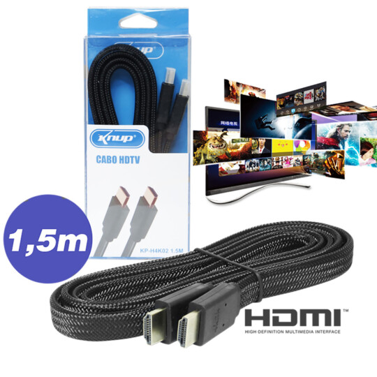 Cabo Hdmi Achatado 1.5 Metros com Malha Ultra HD Blindado Knup - KP-H4K02 1.5M