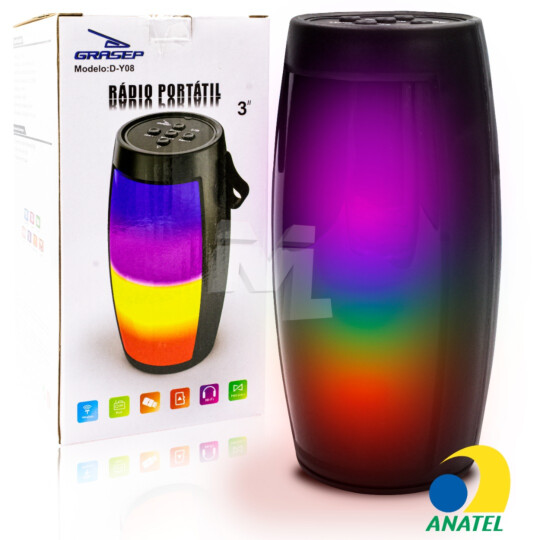 Caixa de Som Bluetooth 8W com Iluminação Led 9.3 x 9.1 x 18.1 cm GRASEP - D-Y08