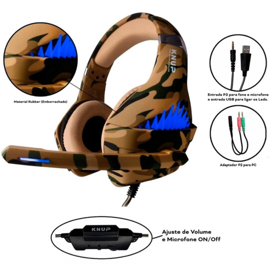 Fone de Ouvido Headset Gamer Led Camuflado P2 E Adaptador BEGE KNUP - KP-GA01