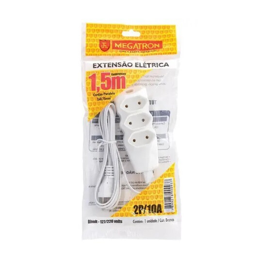 Extensão Elétrica Paralelo 3 Tomadas Bivolt 10A 1,50 Metros - Branca Megatron - 93