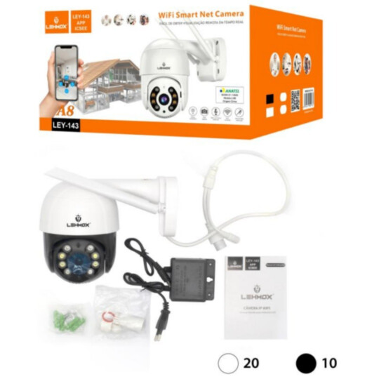 Câmera IP Wireless A8 À Prova De Água com Duas Antenas 360 Graus Suporte de Fixação e Fonte - LEY-143