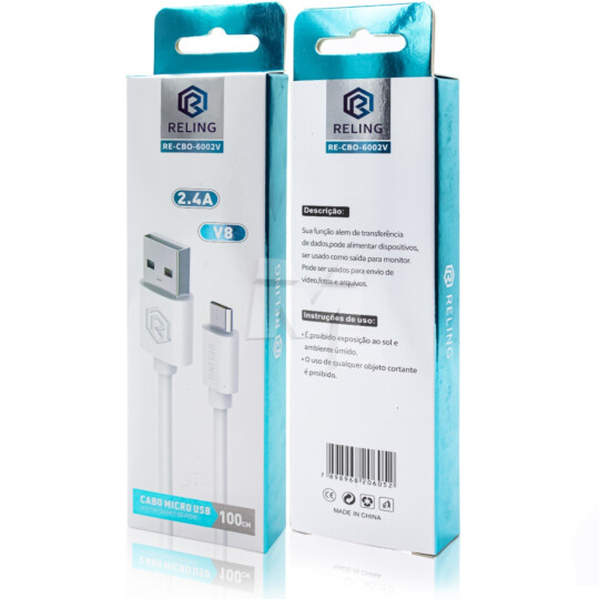 Cabo V8 para Celular 2.4A com 1 Metro RELING - RE-CBO-6002-V Reling