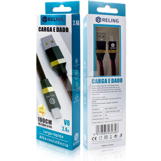 Cabo V8 Usb de Carregamento e Dados 2.4A com 1 Metro - RE-CBO-6105 Reling