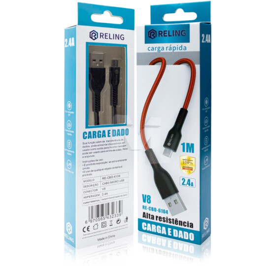 Cabo V8 de Carregamento e Dados Micro Usb 2.A com 1 Metro - RE-CBO-6104 Reling