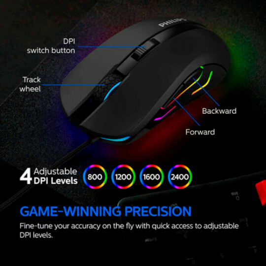 Mouse Gamer Com Fio Philips Óptico Com DPI Ajustável Até 2400 - G313/SPK9313