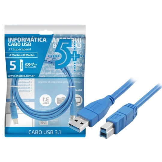 Cabo Usb 3.0 - Usb A Macho + Usb B Macho 3.0 - 5 Metros Azul Chipsce - 018-7733
