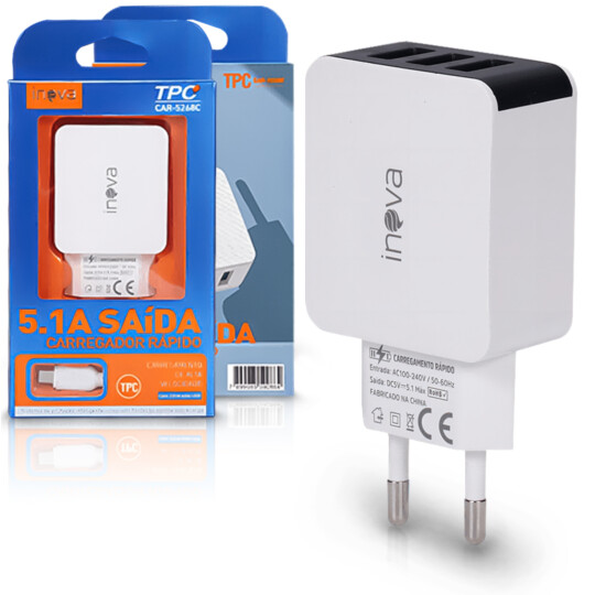 Carregador de Celular 5.1A 3 Portas USB e Cabo Tipo C Inova - CAR-5268C
