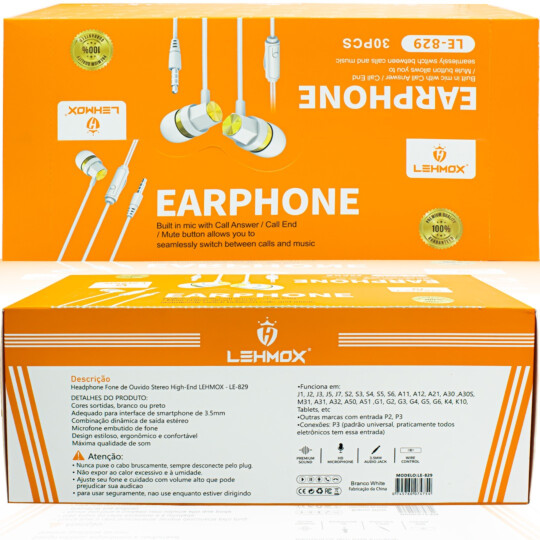 CAIXA FECHADA EXPOSITORA 30 UNIDADES Fone com Microfone P2 3.5mm LEHMOX - LE-829