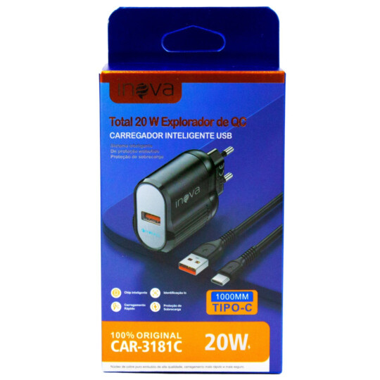 Carregador TURBO de Celular 20W com Cabo Type C de 1 Metro INOVA - CAR3181C-AA-TPC-20W