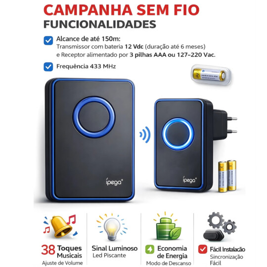 Campainha Sem Fio Ipega 150m 38 Toques Com Led Preto