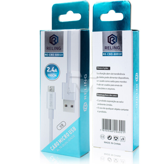 Cabo V8 para Celular 2.4A com 1 Metro RELING - RE-CBO-6001-V Reling